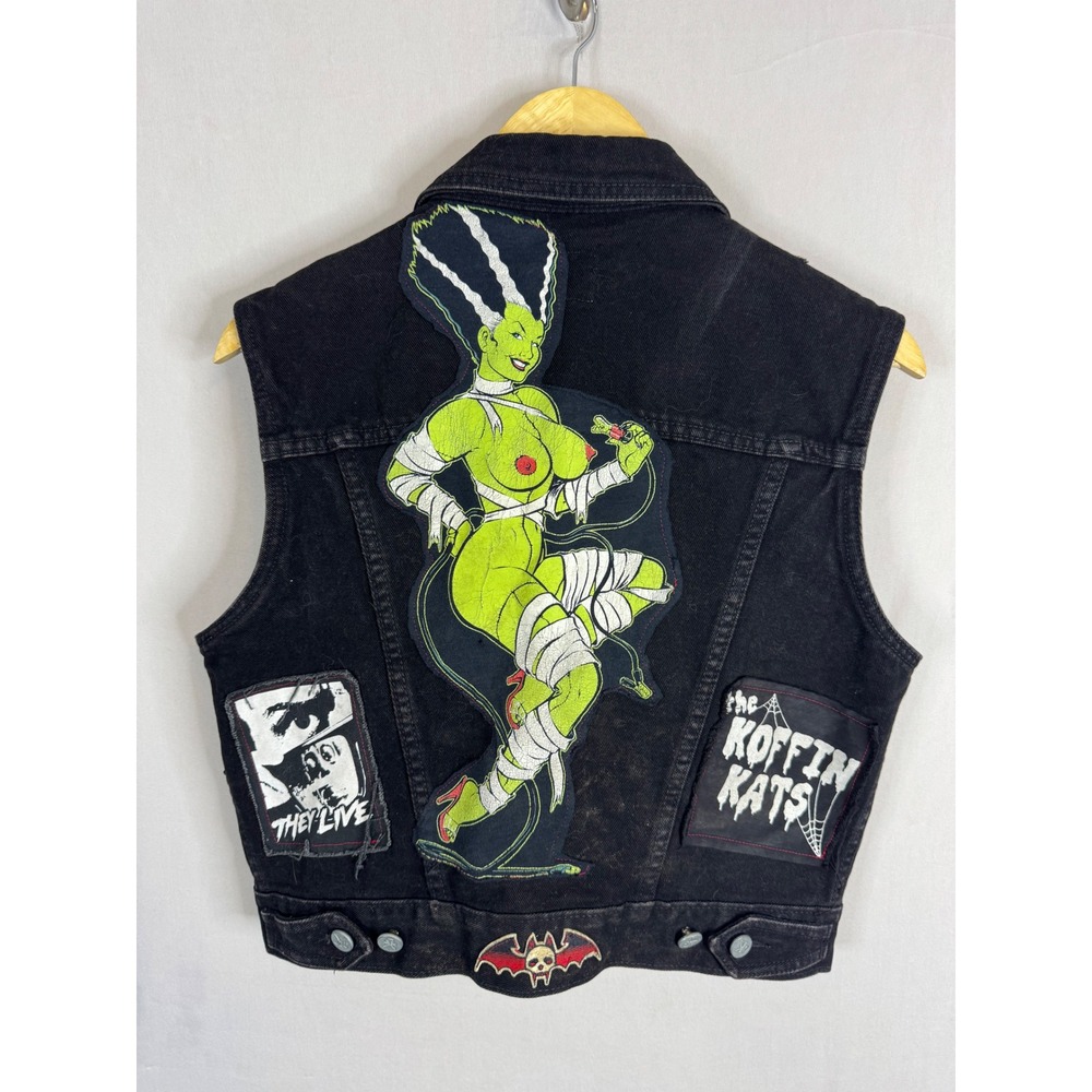 Koffin Kats Jeans Denim Vest Horror Punk Bride of Frankenstein Patches Women L
